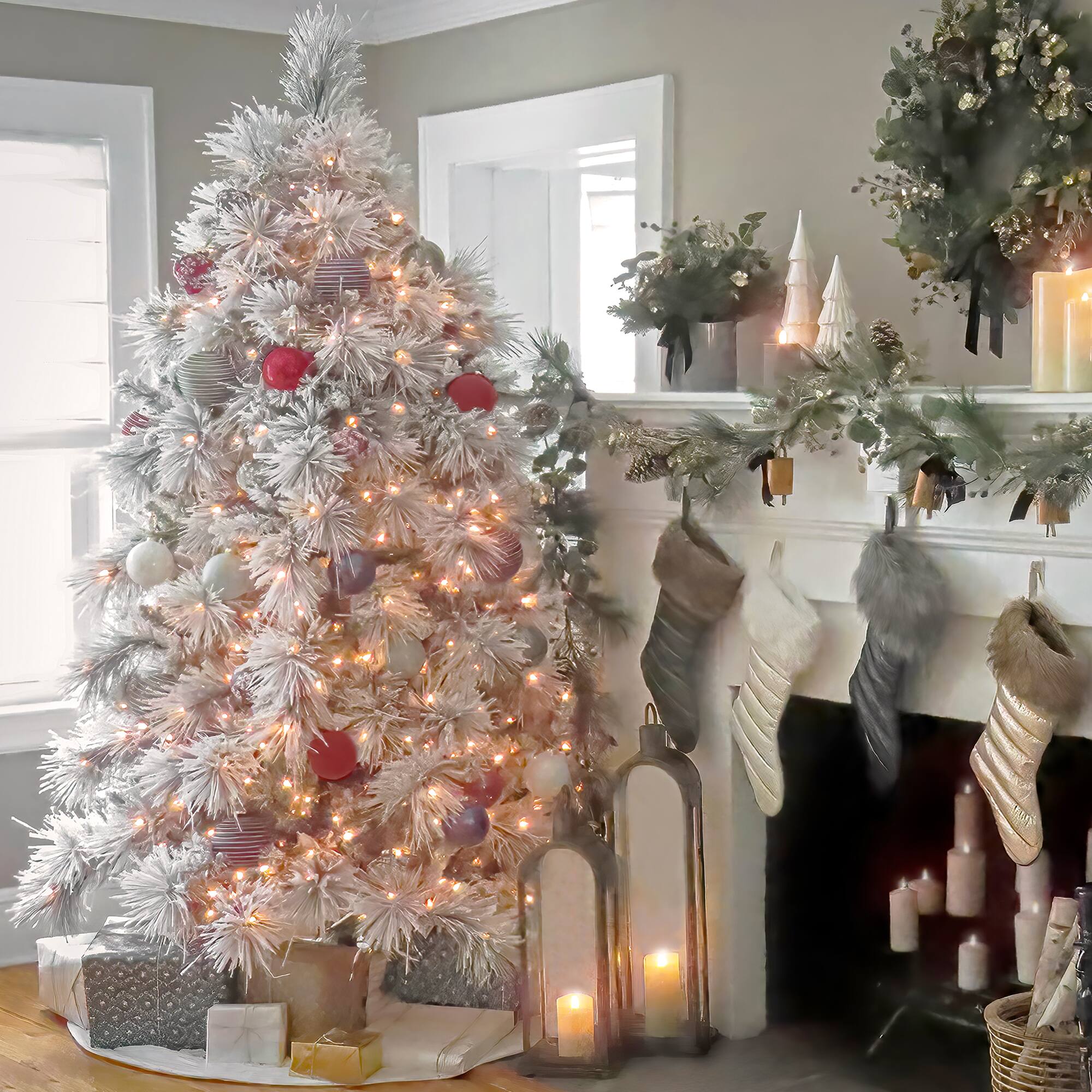 6.5ft. Pre-Lit Flocked Bavarian Pine Artificial Christmas Tree, Clear Lights